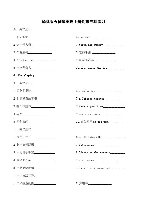 五年级英语上册期末专项练习 -短语互译2 译林版三起 (word版,含答案)