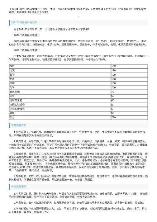 2021江西南昌中考满分是多少分