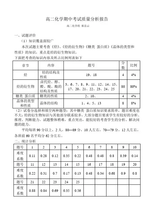 高二化学期中考试质量分析报告    高二化学组