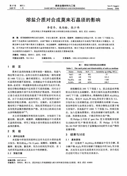 熔盐介质对合成莫来石晶须的影响