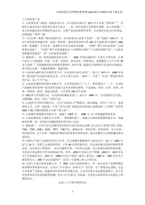 十大普洱茶厂家
