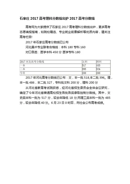 石家庄2017高考理科分数线出炉2017高考分数线