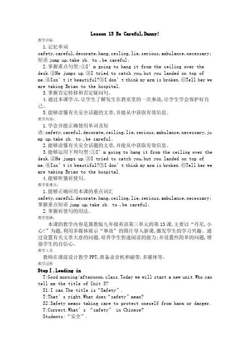 冀教版九年级英语上 Unit 3 Lesson 13 Be Careful, Danny!课程教学设