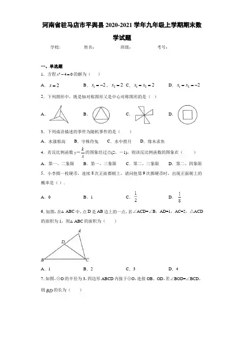 河南省驻马店市平舆县2020-2021学年九年级上学期期末数学试题
