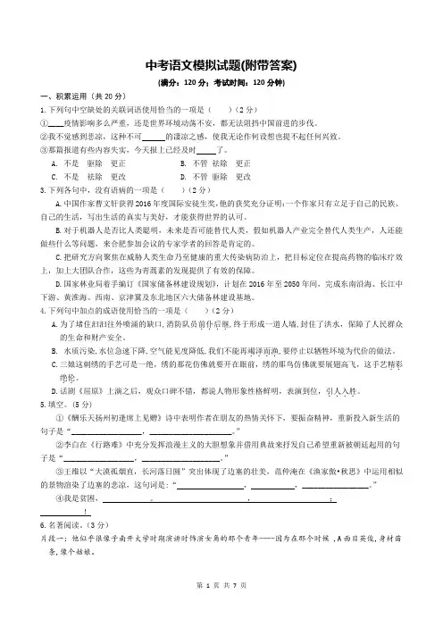 中考语文模拟试题(附带答案)