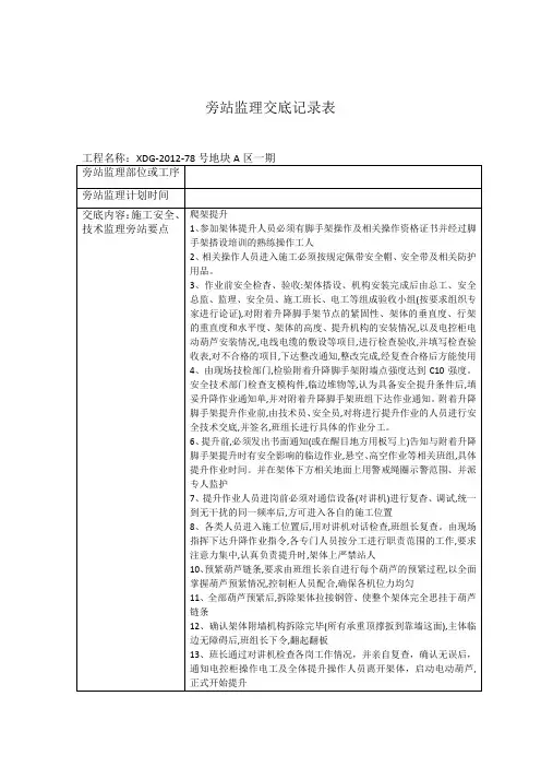 旁站监理交底记录表(爬架提升)