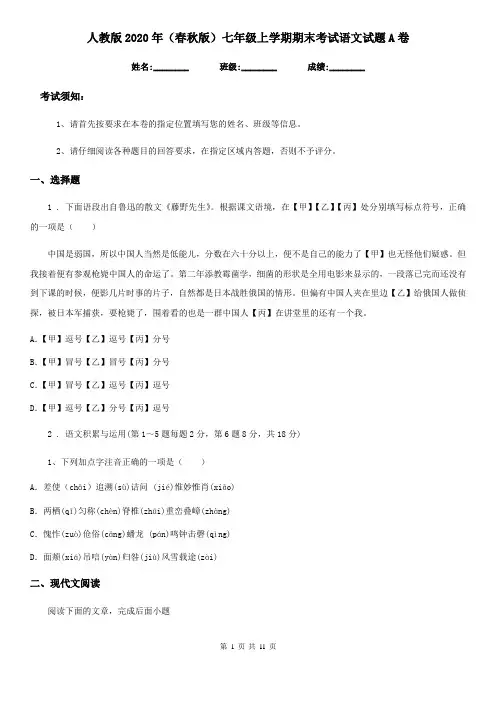 人教版2020年(春秋版)七年级上学期期末考试语文试题A卷