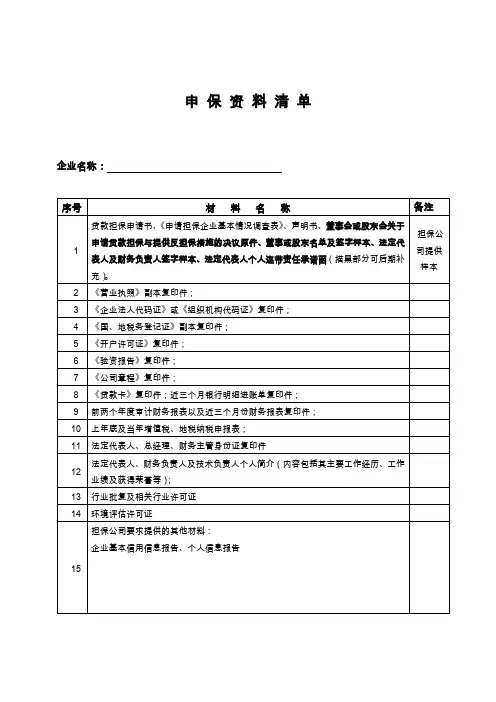 企业申请担保材料清单