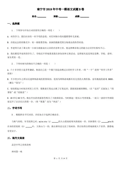 南宁市2019年中考一模语文试题B卷(模拟)