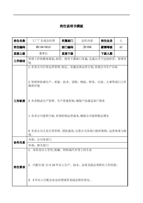 工厂厂长或总经理岗位说明书JD模板