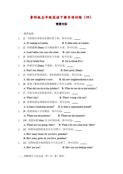 五年级英语下册期末专项(四)情景交际(鲁科版五四制)(含答案)
