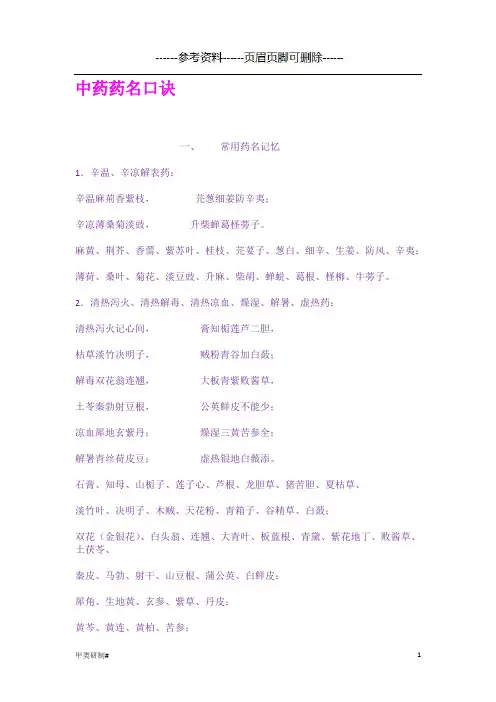中药药名口诀(内容清晰)