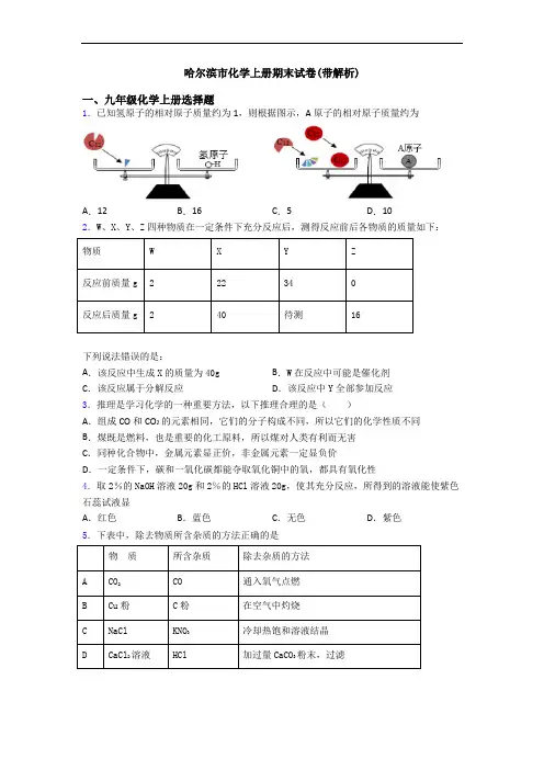哈尔滨市化学初三化学上册期末试卷(带解析)