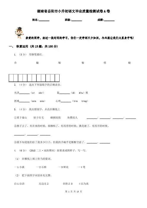 湖南省岳阳市小升初语文毕业质量检测试卷A卷