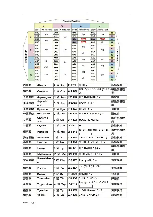 氨基酸密码子对照表