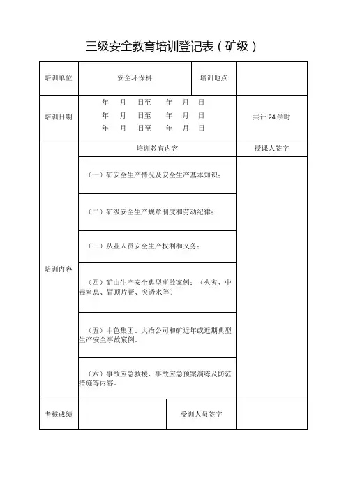 三级安全教育培训登记表(矿级)