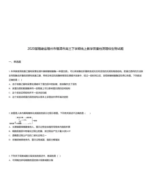 2020届福建省福州市福清市高三下学期线上教学质量检测理综生物试题