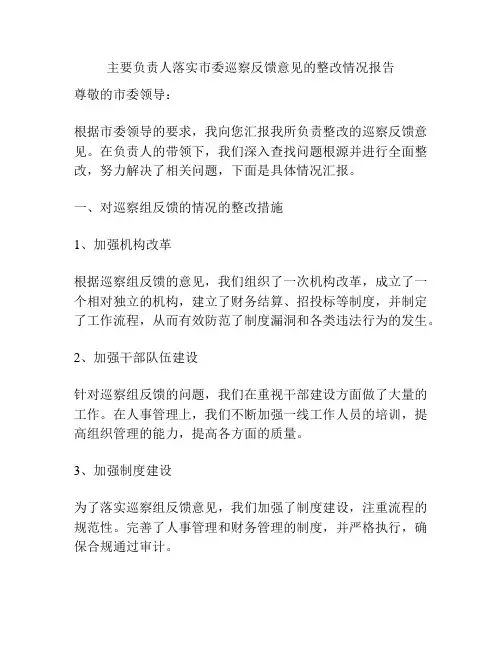 主要负责人落实市委巡察反馈意见的整改情况报告
