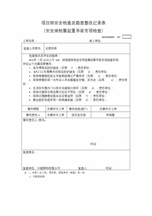 项目部安全检查及隐患整改记录表