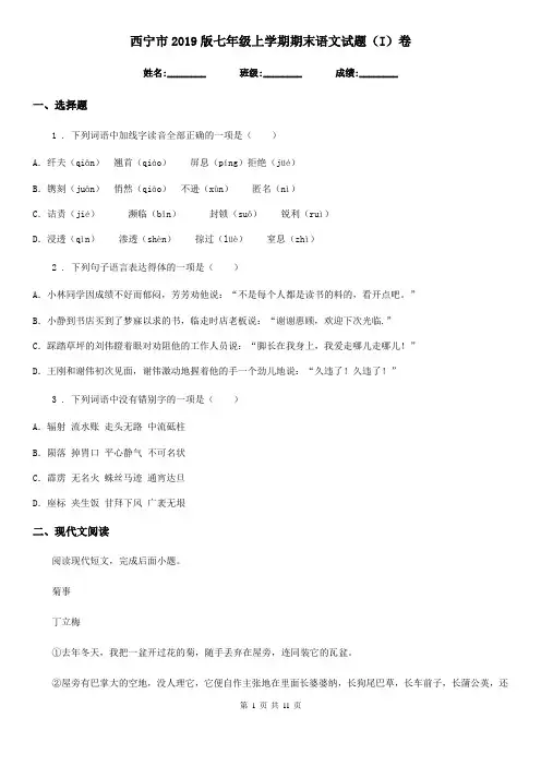 西宁市2019版七年级上学期期末语文试题(I)卷