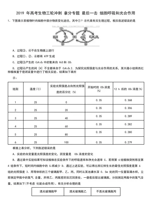 2019年高考生物三轮冲刺拿分专题最后一击细胞呼吸和光合作用
