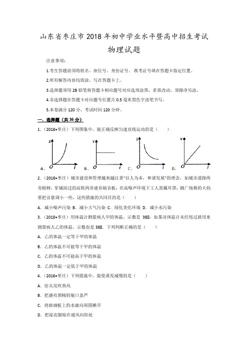 2018年山东省枣庄市中考物理真题试卷及参考解析