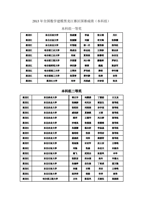 2013年全国数学建模黑龙江赛区国赛成绩