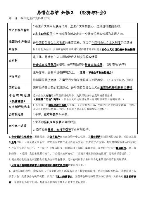 《经济与社会》高中政治必修2易错点