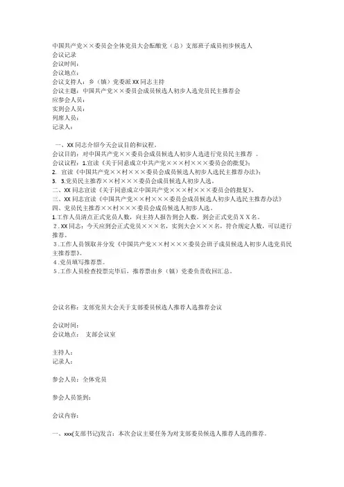 支部班子委员推荐会议记录