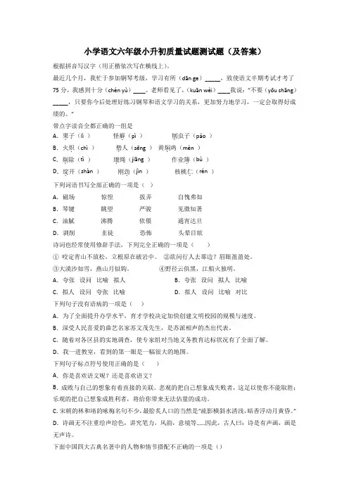 小学语文六年级小升初质量试题测试题(及答案)
