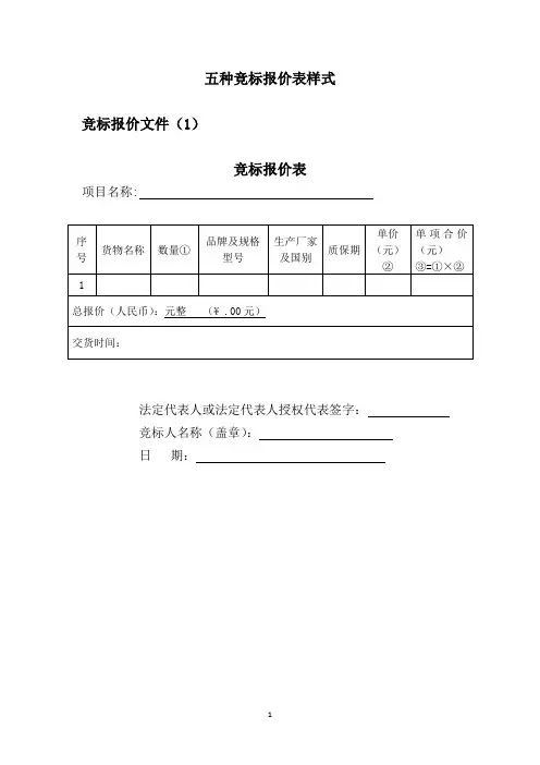 五种竞标报价表样式