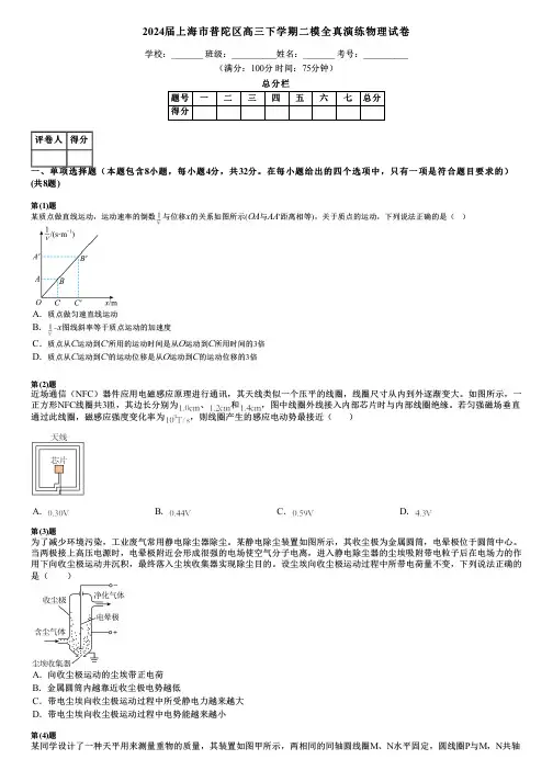 2024届上海市普陀区高三下学期二模全真演练物理试卷