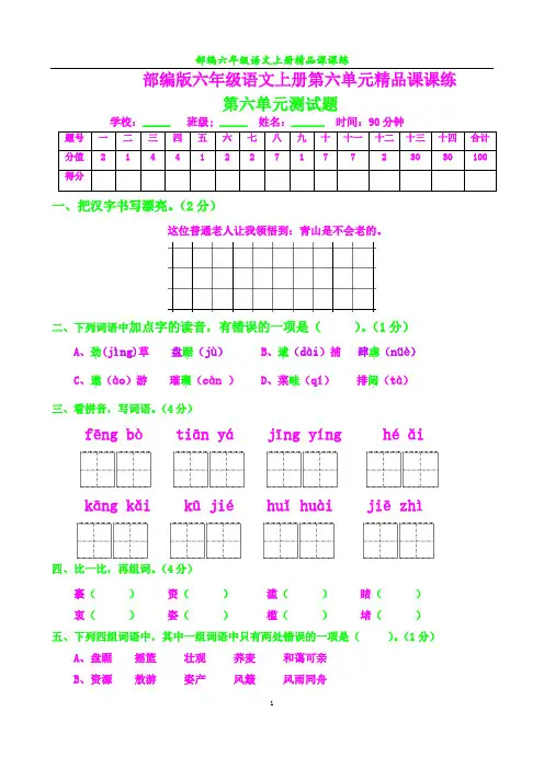 部编六年级语文上册课课练35---第六单元测试题及答案