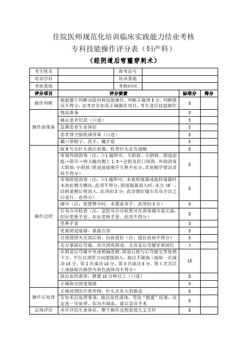 住院医师规范化培训临床实践能力结业考核专科技能操作评分表(妇产科)(后穹窿穿刺术)