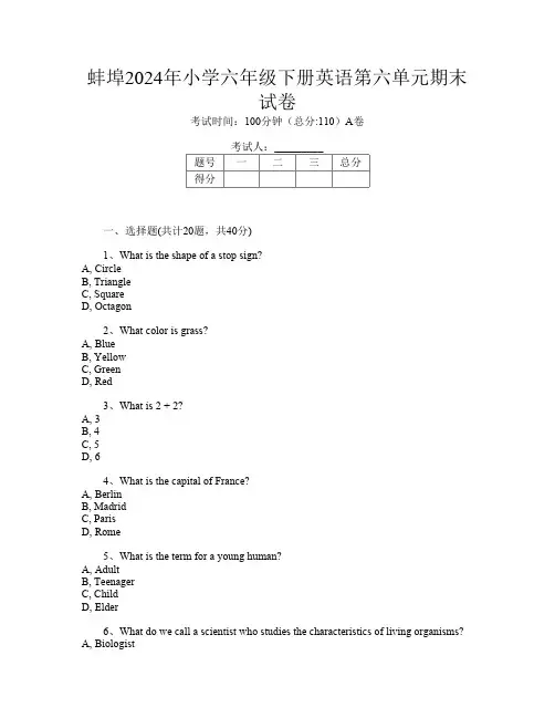 蚌埠2024年小学六年级下册第三次英语第六单元期末试卷