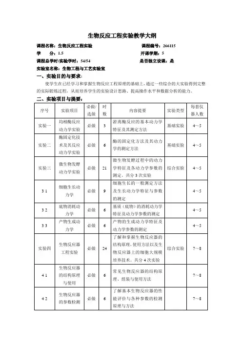生物反应工程实验教学大纲