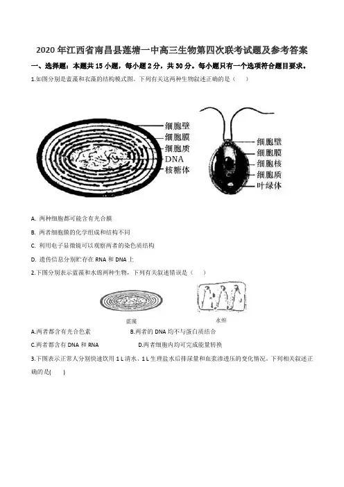 2020年江西省南昌县莲塘一中高三生物第四次联考试题及参考答案