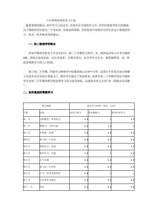 八年级物理寒假复习计划