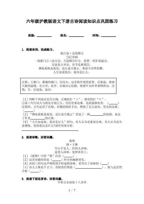 六年级沪教版语文下册古诗阅读知识点巩固练习