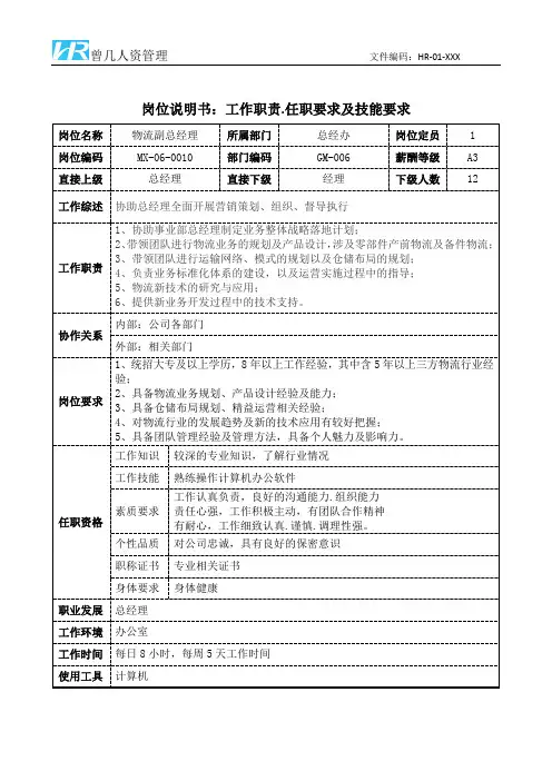 物流副总经理岗位说明书工作职责和任职要求