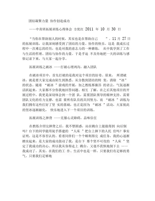 团结凝聚力量协作创造成功(拓展训练心得体会)