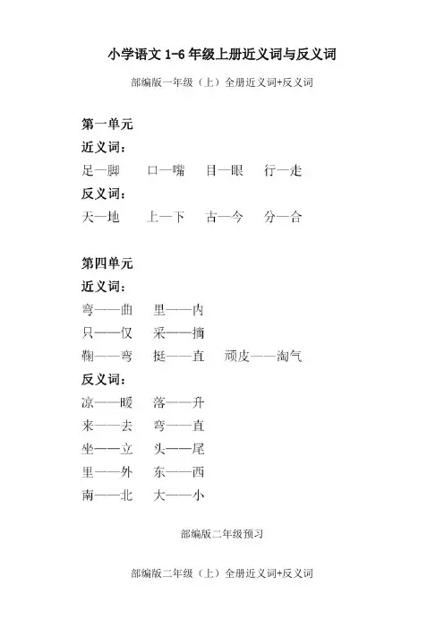 小学语文1-6年级上册近义词与反义词
