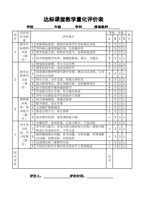最新达标课堂教学量化评价表