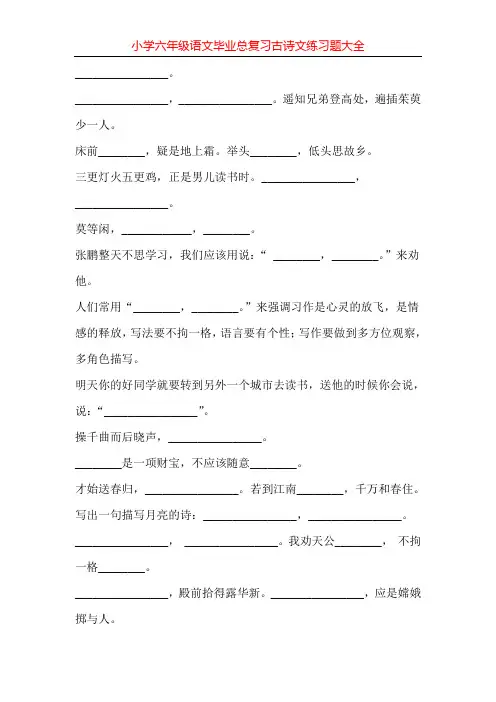 小学六年级语文毕业总复习古诗文练习题大全100