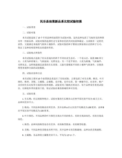民乐县油菜新品系比较试验初报