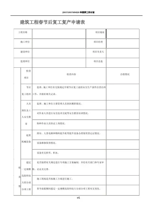 2018年建筑工程春节后复工复产申请表