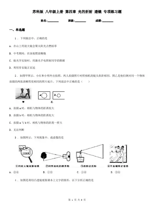 苏科版 八年级物理上册 第四章 光的折射 透镜 专项练习题