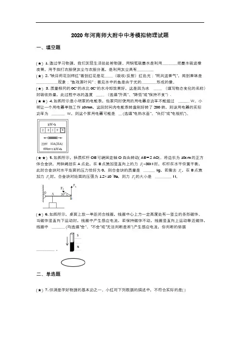 2020年河南师大附中中考模拟物理试题(word无答案)