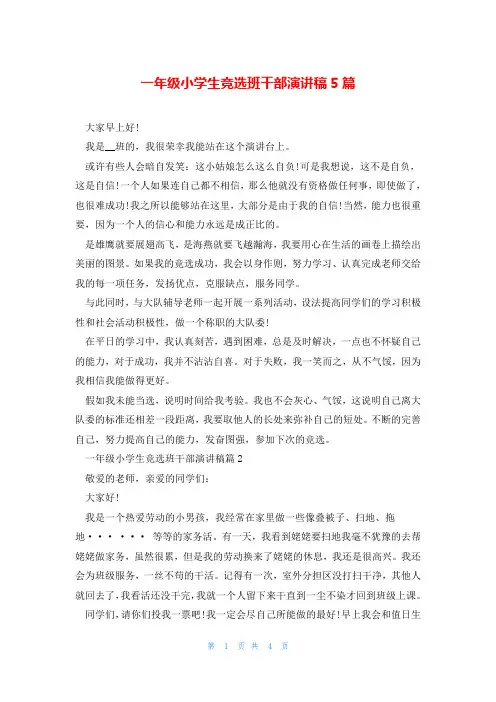 一年级小学生竞选班干部演讲稿5篇
