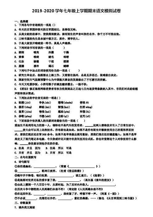 《试卷4份集锦》江西省名校2022届语文七年级(上)期末经典模拟试题